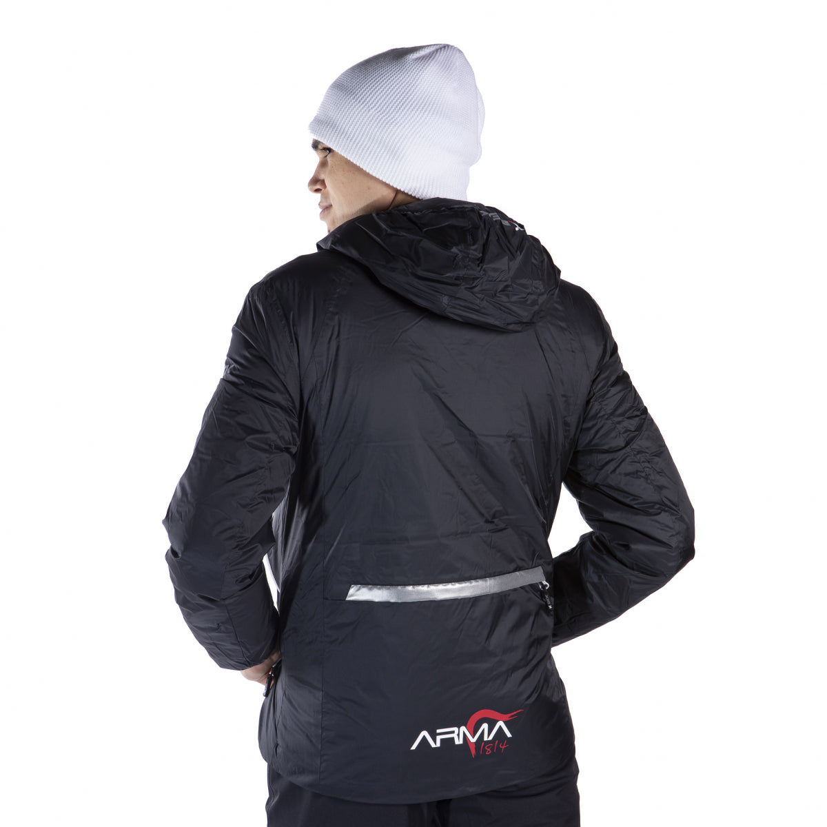 Technical down jacket with compressible hood in the men's weapon pocket