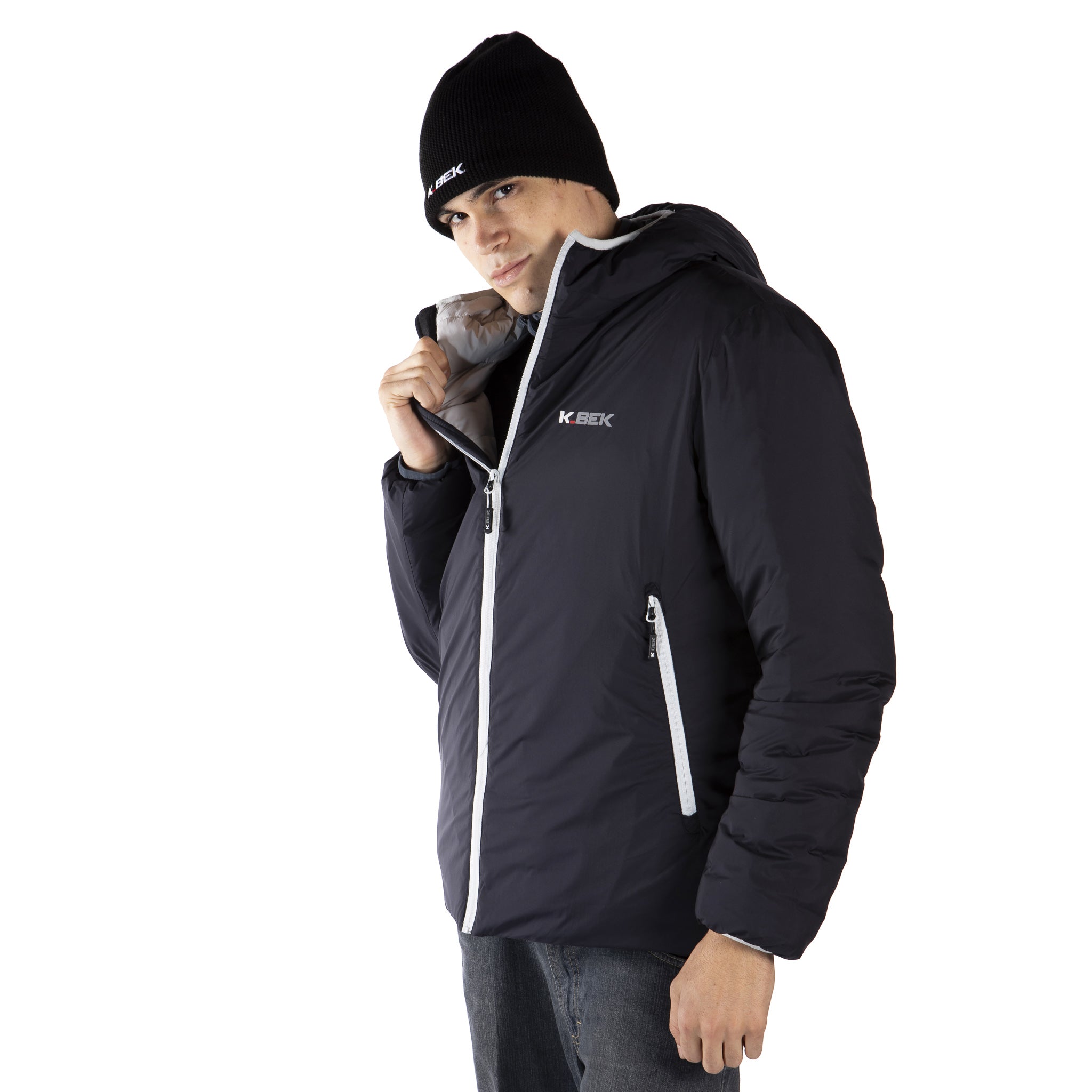 Technical down jacket with compressible hood in the pocket for men