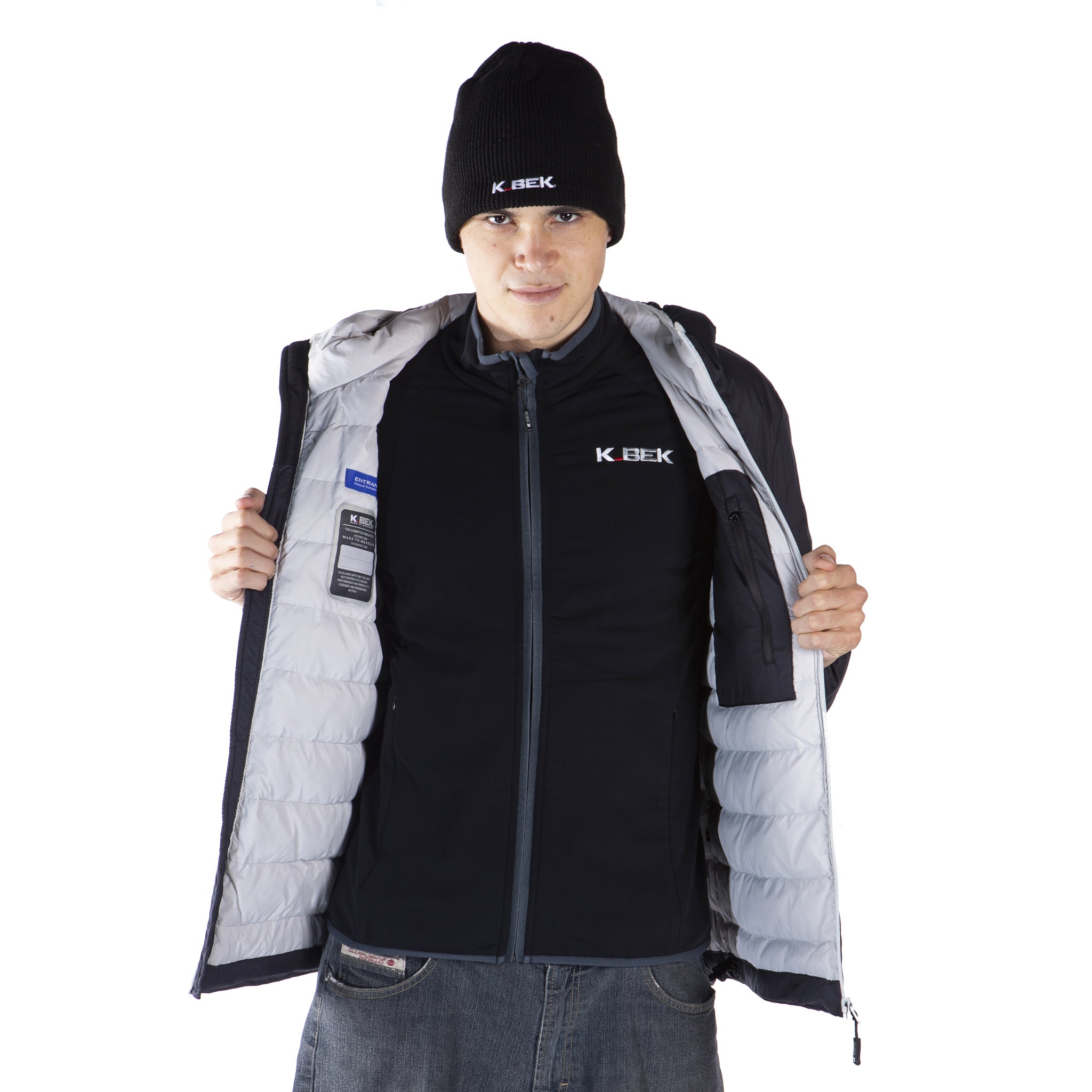 Technical down jacket with compressible hood in the pocket for men