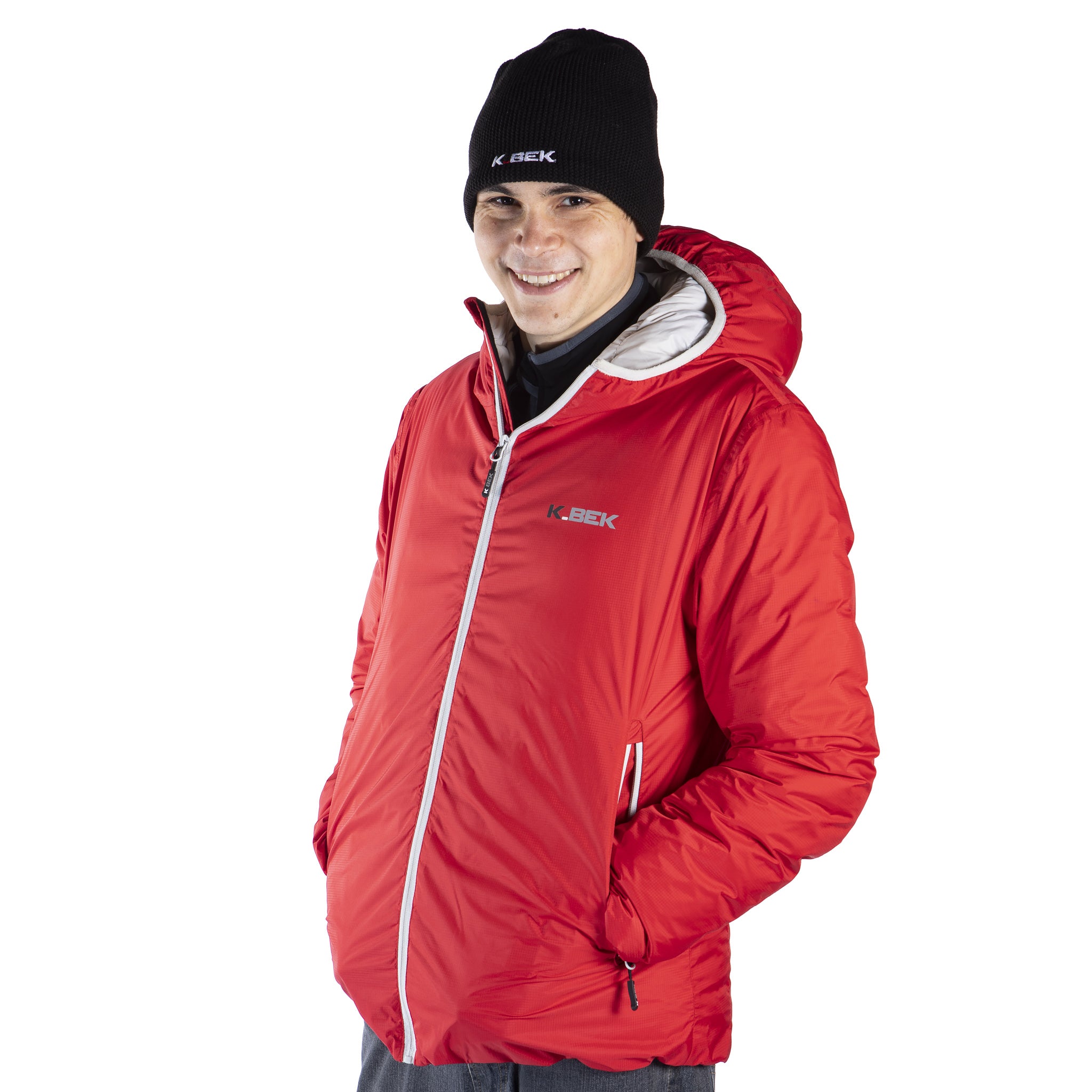 Technical down jacket with compressible hood in the pocket for men