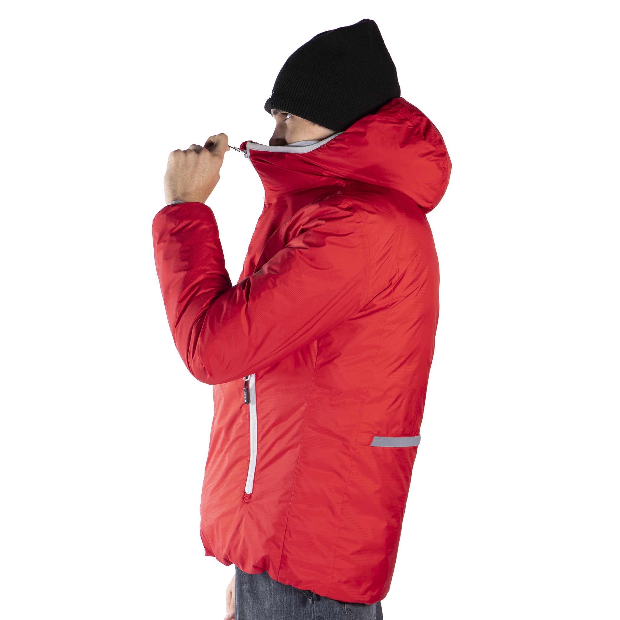 Technical down jacket with compressible hood in the pocket for men