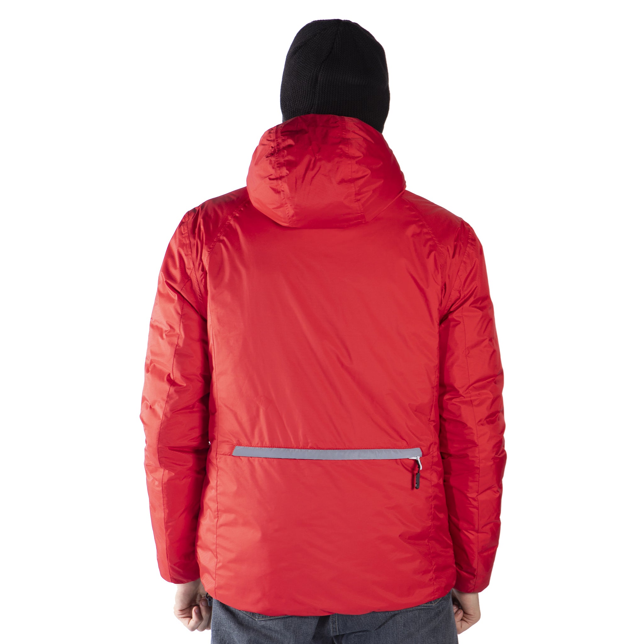 Technical down jacket with compressible hood in the pocket for men