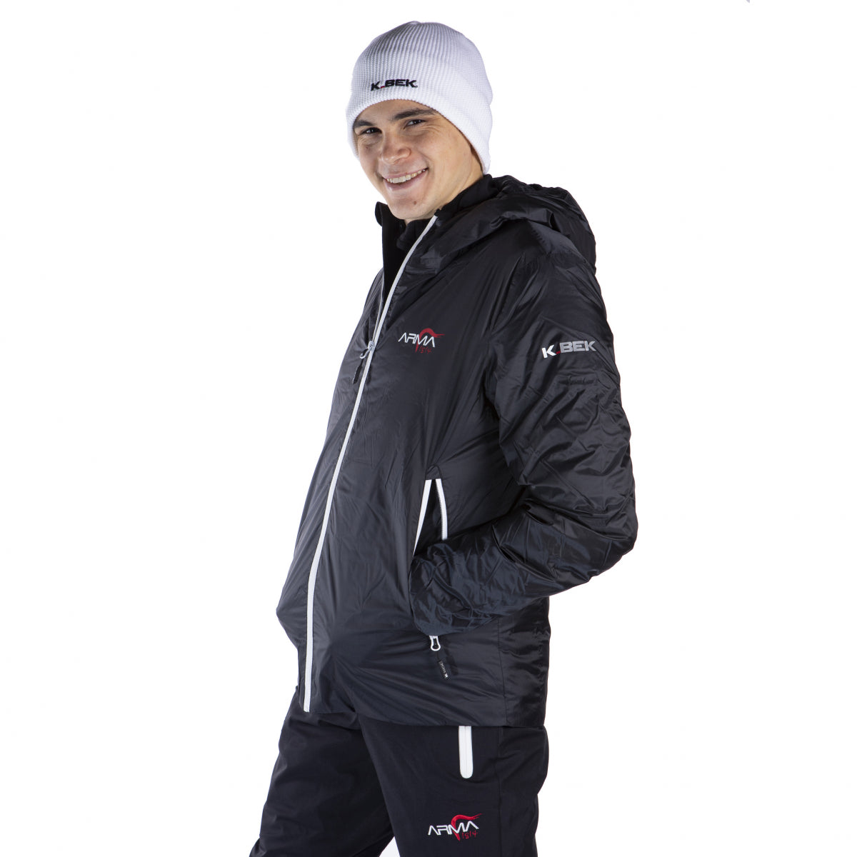 Technical down jacket with compressible hood in the men's weapon pocket