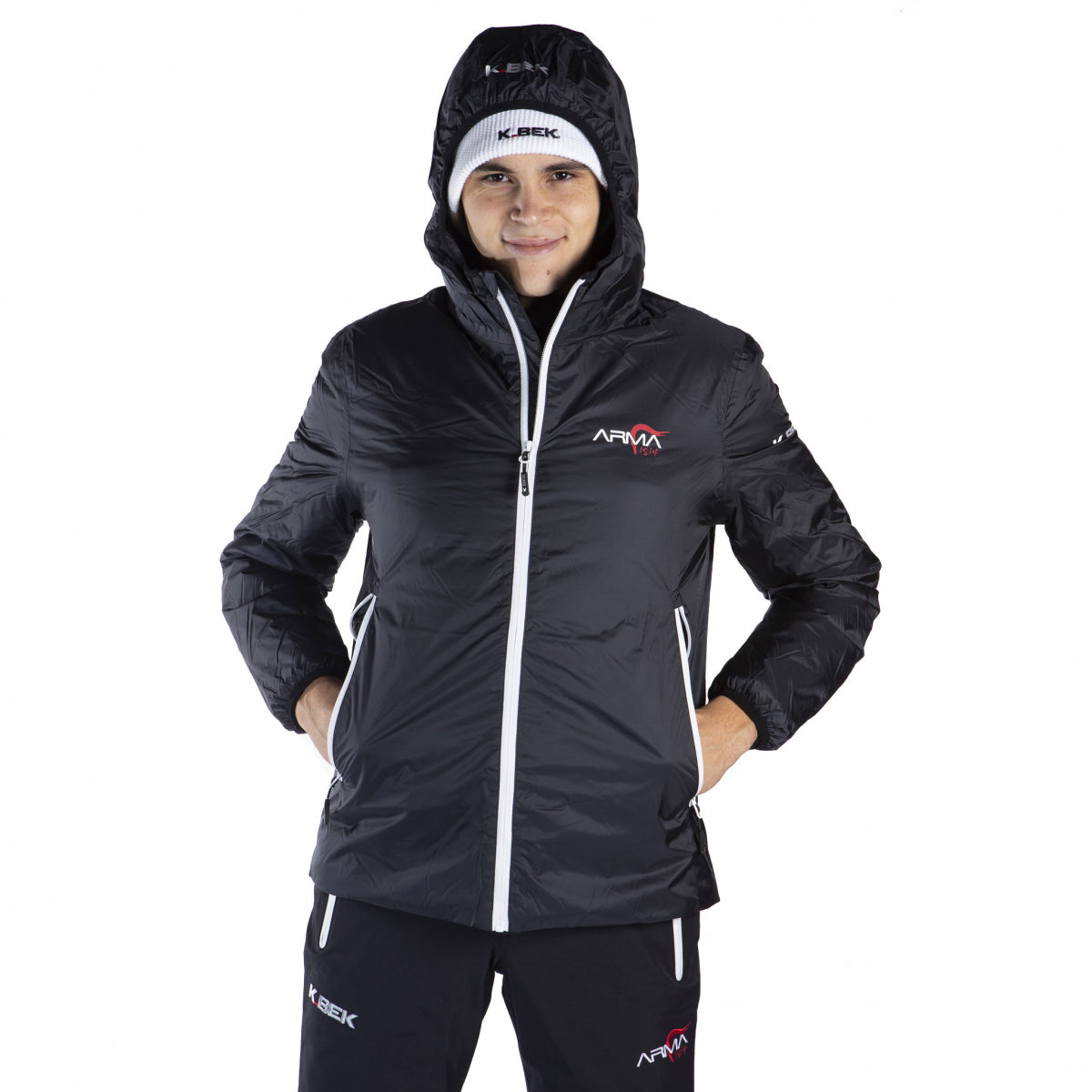 Technical down jacket with compressible hood in the men's weapon pocket