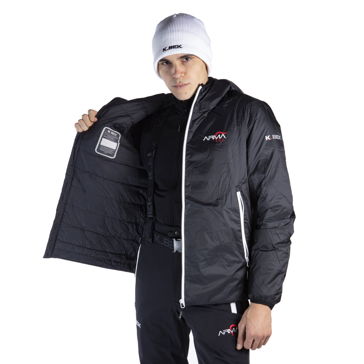 Technical down jacket with compressible hood in the men's weapon pocket