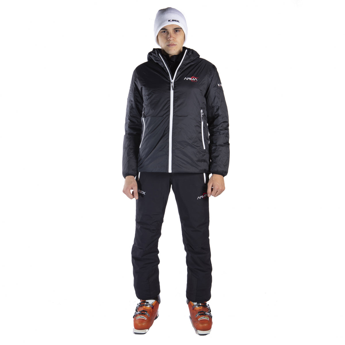 Technical down jacket with compressible hood in the men's weapon pocket
