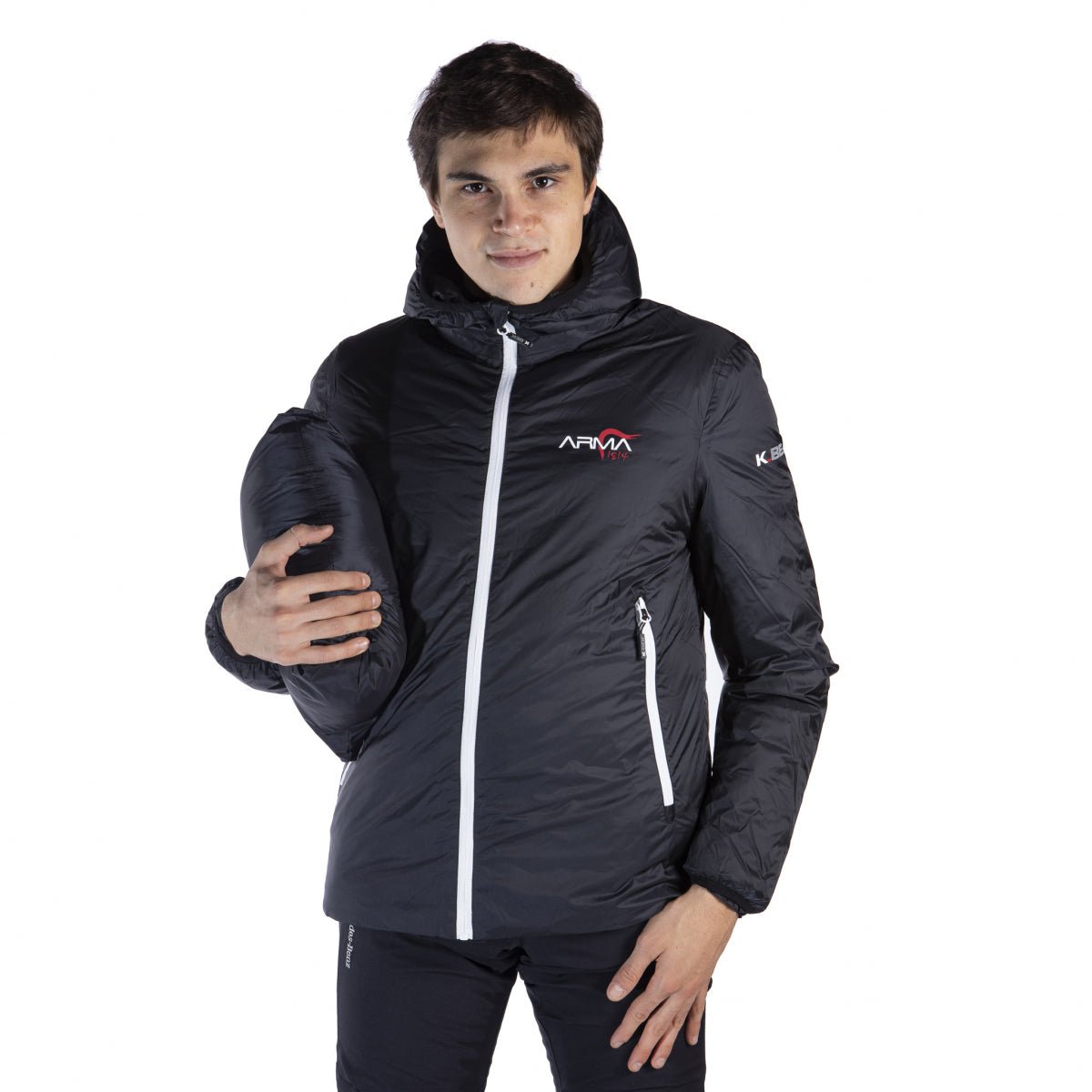 Technical down jacket with compressible hood in the men's weapon pocket