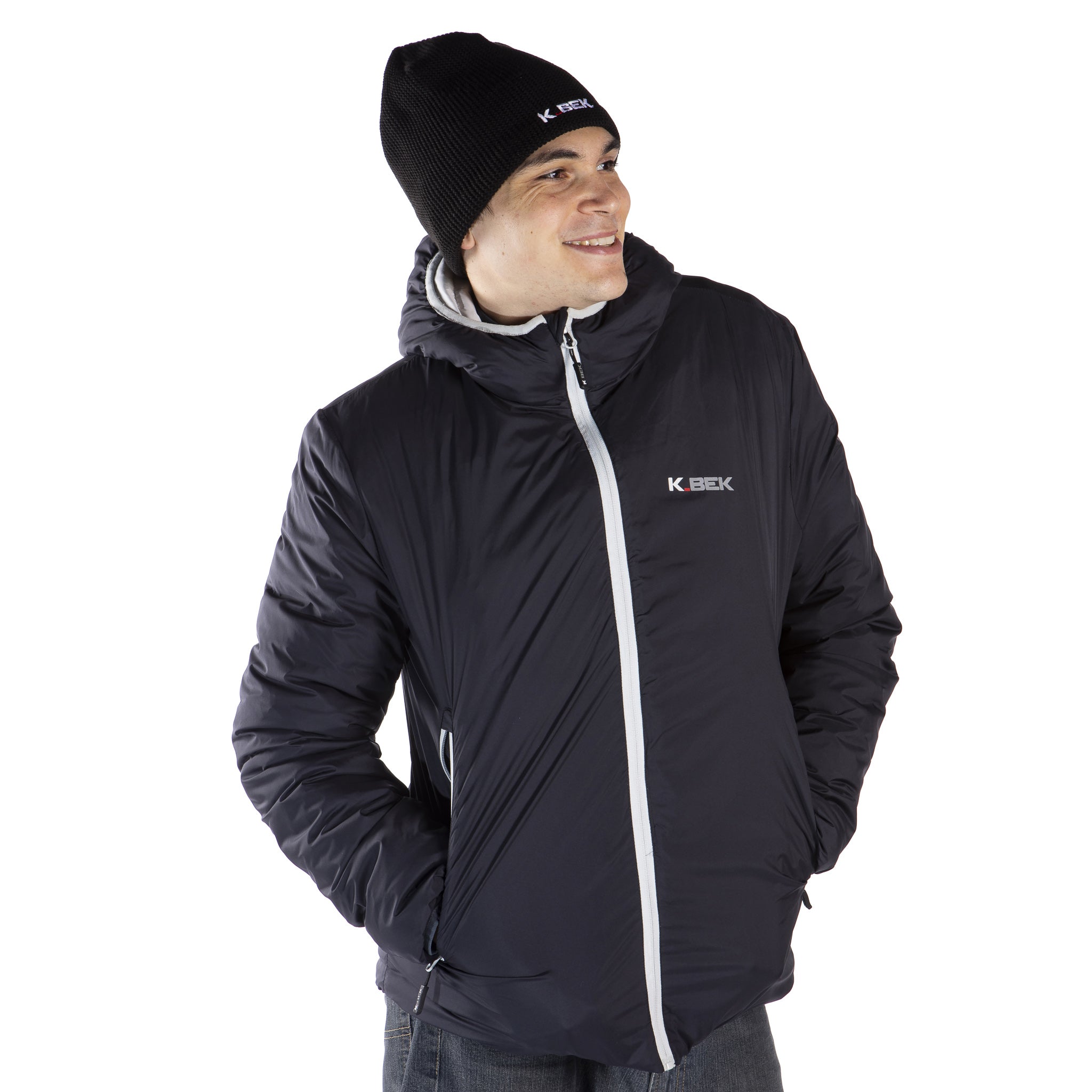 Technical down jacket with compressible hood in the pocket for men