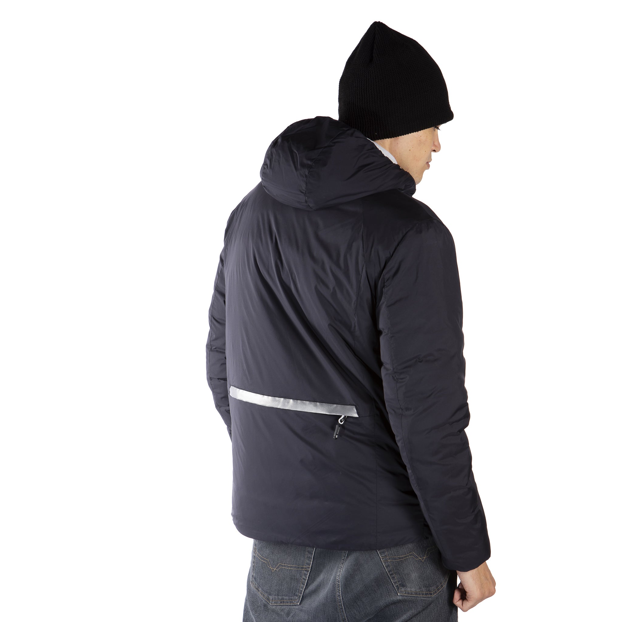 Technical down jacket with compressible hood in the pocket for men