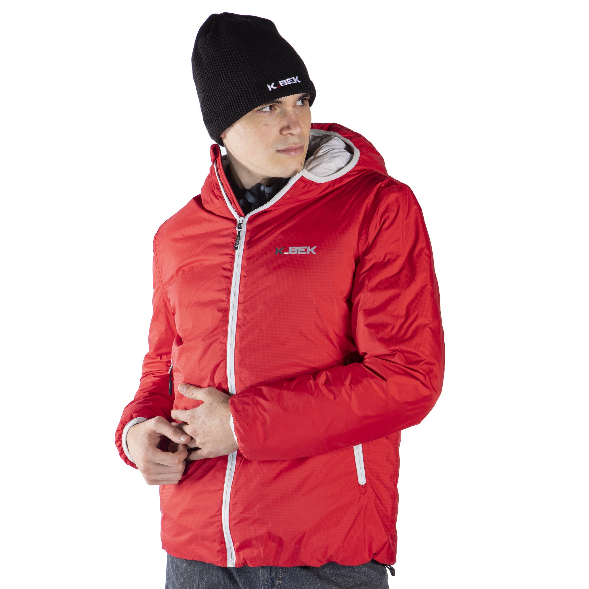 Technical down jacket with compressible hood in the pocket for men