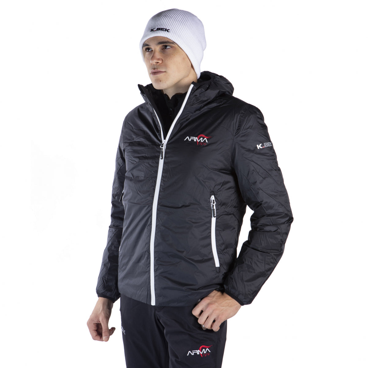 Technical down jacket with compressible hood in the men's weapon pocket